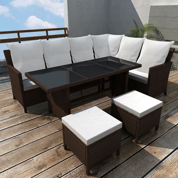 vidaXL Set muebles de jard&iacute;n 4 piezas y cojines rat&aacute;n sint&eacute;tico marr&oacute;n
