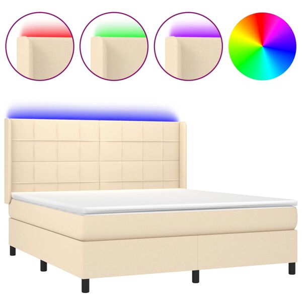 vidaXL Cama box spring colch&oacute;n y luces LED tela crema 180x200 cm