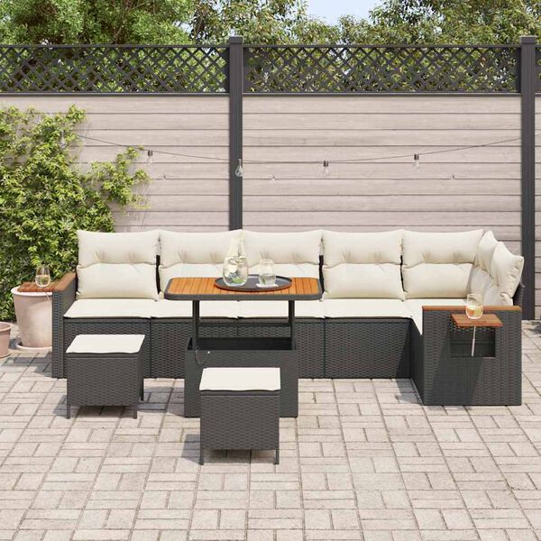 vidaXL Conjunto de sof&aacute; de jard&iacute;n con coj&iacute;n 9 pcs Negro y crema