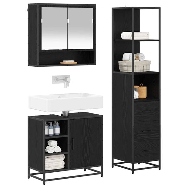 vidaXL Juego de muebles de ba&ntilde;o 3 pcs Roble Negro Madera de ingenier&iacute;a