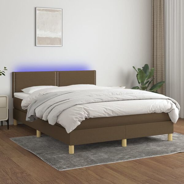 vidaXL Cama box spring colch&oacute;n luces LED tela marr&oacute;n oscuro 140x190 cm