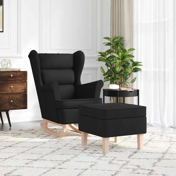 vidaXL Sill&oacute;n mecedora con taburete tela negro