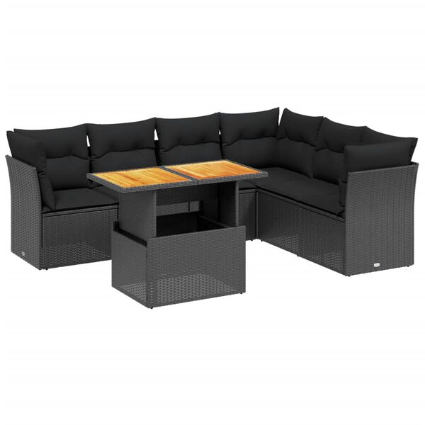 vidaXL Set de comedor de jard&iacute;n 7 pzas y cojines rat&aacute;n sint&eacute;tico negro