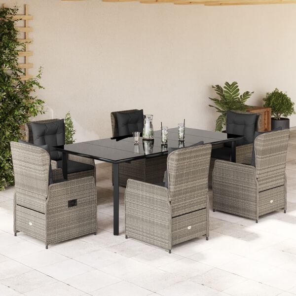 vidaXL Set comedor jard&iacute;n 7 pzas y cojines rat&aacute;n sint&eacute;tico gris claro