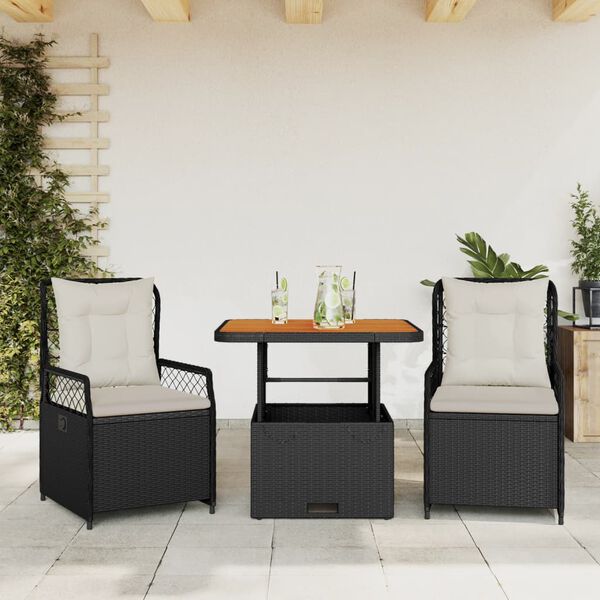 vidaXL Set comedor de jard&iacute;n 3 pzas con cojines rat&aacute;n sint&eacute;tico negro