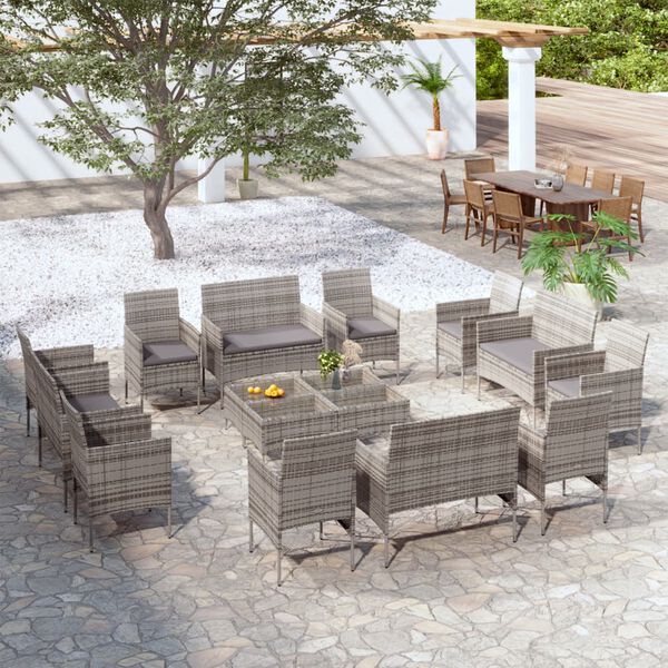 vidaXL Set de muebles de jard&iacute;n 16 pzas y cojines rat&aacute;n sint&eacute;tico gris