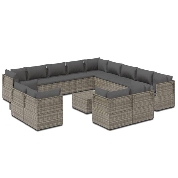 vidaXL Set de muebles de jard&iacute;n 14 pzas y cojines rat&aacute;n sint&eacute;tico gris