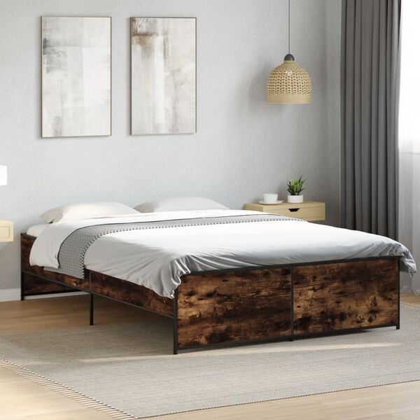 vidaXL Estructura cama madera ingenier&iacute;a metal roble ahumado 135x190cm