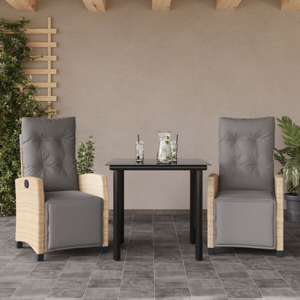 vidaXL Set comedor de jard&iacute;n 3 pzas con cojines rat&aacute;n sint&eacute;tico beige