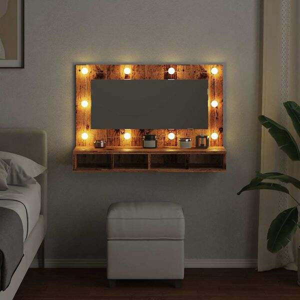 vidaXL Mueble con espejo y LED madera vieja 90x31,5x62 cm