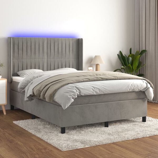 vidaXL Cama box spring colch&oacute;n y LED terciopelo gris claro 140x190 cm