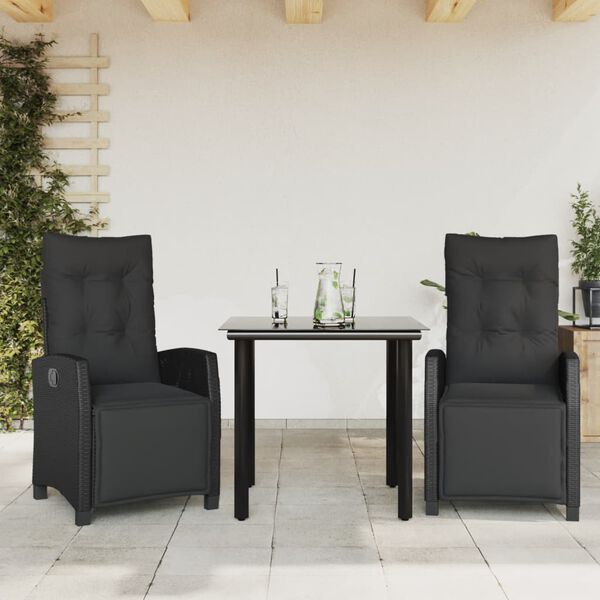 vidaXL Set comedor de jard&iacute;n 3 pzas con cojines rat&aacute;n sint&eacute;tico negro