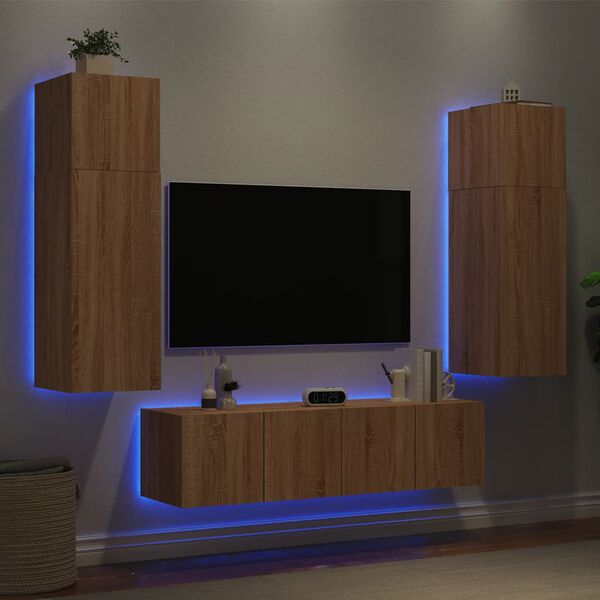 vidaXL Muebles TV pared con LED 6 pzas madera ingenier&iacute;a roble Sonoma