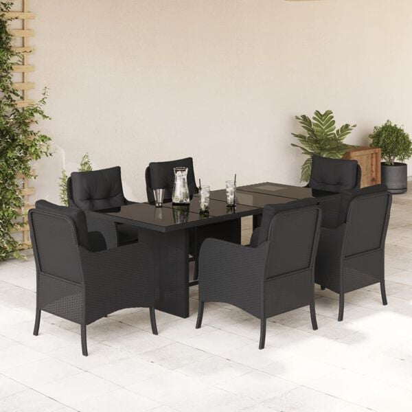 vidaXL Set de comedor de jard&iacute;n 7 pzas y cojines rat&aacute;n sint&eacute;tico negro