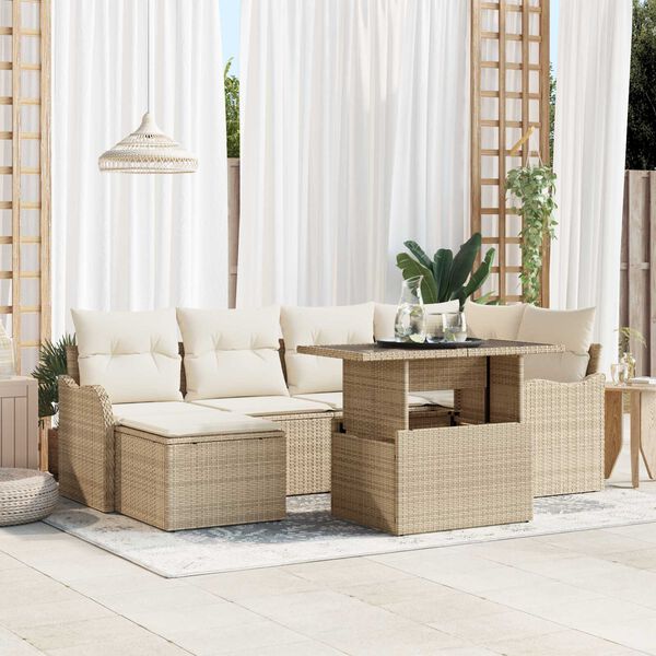 vidaXL Conjunto de sof&aacute; de jard&iacute;n con coj&iacute;n 7 pcs Beige Polirat&aacute;n