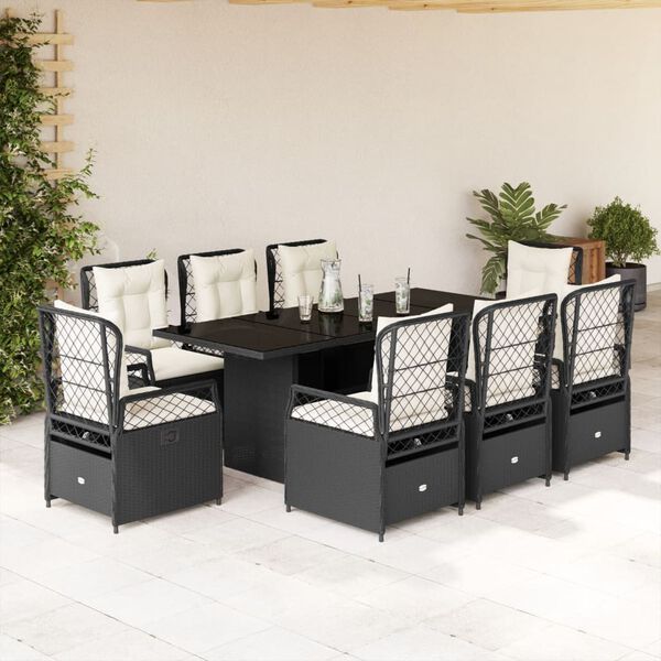 vidaXL Set de comedor de jard&iacute;n 9 pzas y cojines rat&aacute;n sint&eacute;tico negro