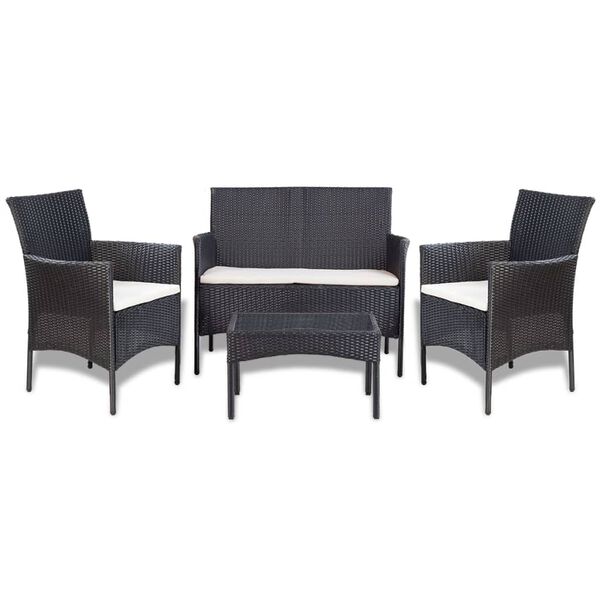 vidaXL Set de muebles de jard&iacute;n 4 pzas y cojines rat&aacute;n sint&eacute;tico negro