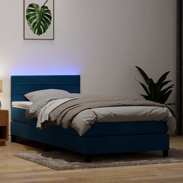 vidaXL Cama box spring con colch&oacute;n y LED terciopelo azul oscuro 90x220 cm