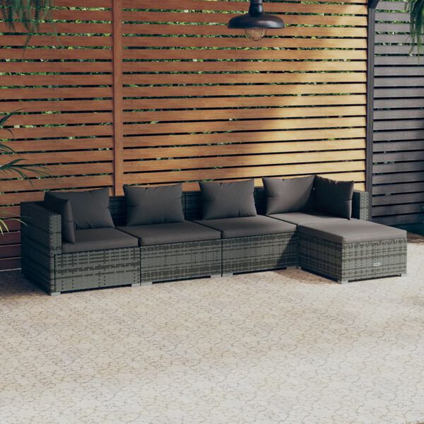 vidaXL Set de muebles de jardín 5 pzas y cojines ratán sintético gris