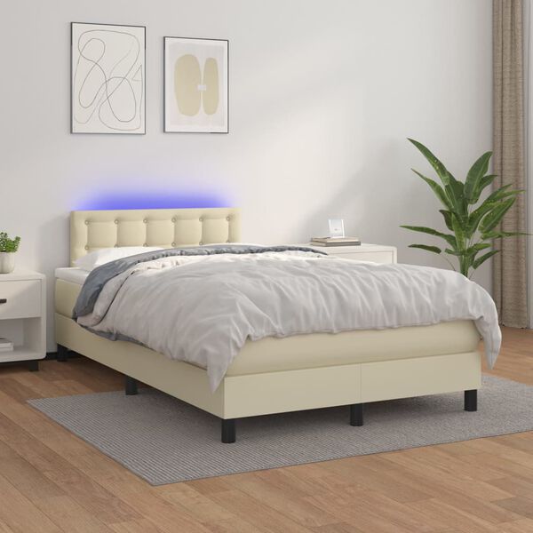 vidaXL Cama box spring colch&oacute;n y LED cuero sint&eacute;tico crema 120x200 cm