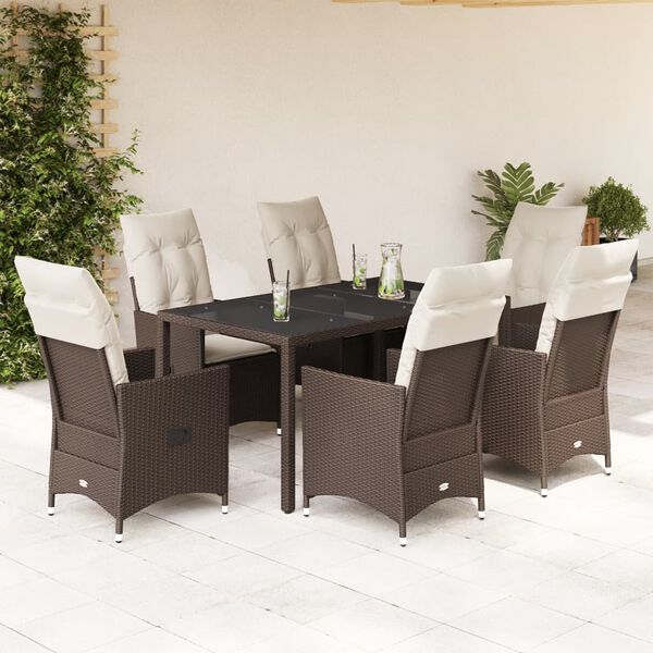 vidaXL Set comedor de jard&iacute;n 7 pzas con cojines rat&aacute;n sint&eacute;tico marr&oacute;n