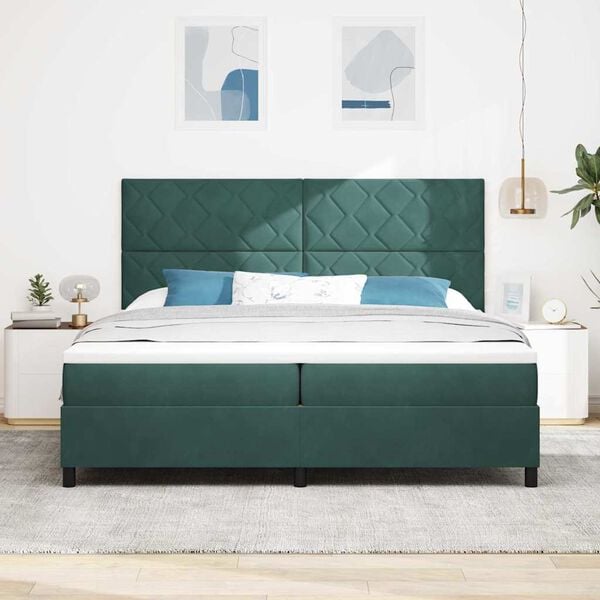 vidaXL Cama Box Spring LED con colch&oacute;n Verde oscuro 200 x 200 cm tela