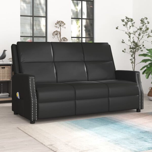 vidaXL Sillón reclinable de masaje de 3 plazas cuero sintético negro