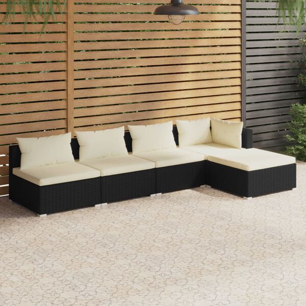vidaXL Set de muebles de jard&iacute;n 5 pzas y cojines rat&aacute;n sint&eacute;tico negro