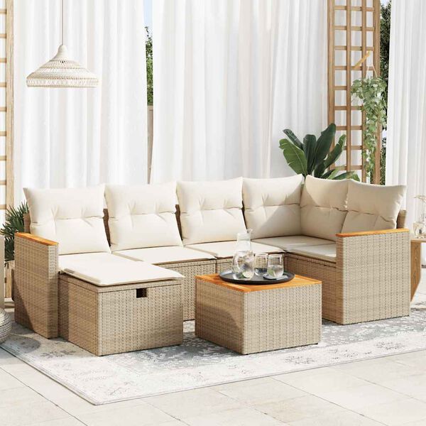 vidaXL Set sof&aacute;s de jard&iacute;n 7 piezas y cojines rat&aacute;n sint&eacute;tico beige