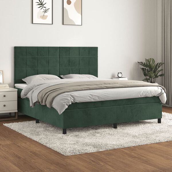 vidaXL Cama box spring con colch&oacute;n terciopelo verde oscuro 160x200 cm