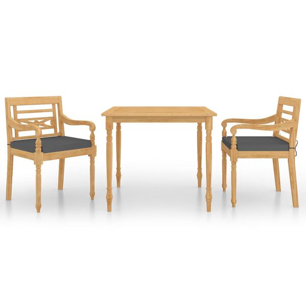 vidaXL Set de comedor de jardín 3 pzas y cojines madera maciza de teca