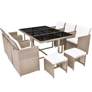 vidaXL Set comedor de jard&iacute;n 11 piezas y cojines rat&aacute;n sint&eacute;tico beige
