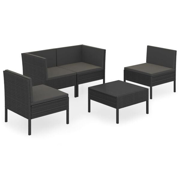 vidaXL Set de muebles de jard&iacute;n 5 pzas y cojines rat&aacute;n sint&eacute;tico negro