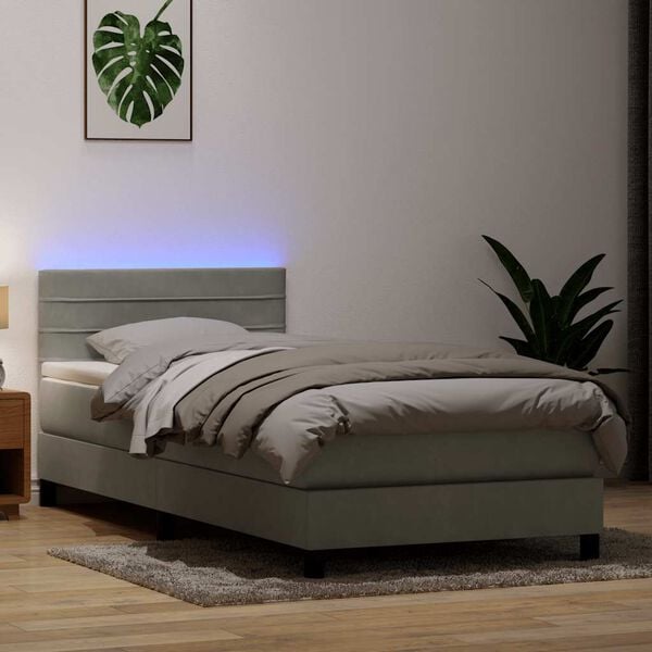 vidaXL Cama box spring con colch&oacute;n y LED terciopelo gris claro 100x220 cm