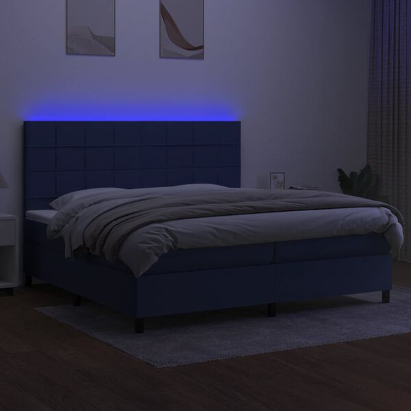 vidaXL Cama box spring colch&oacute;n y luces LED tela azul 200x200 cm