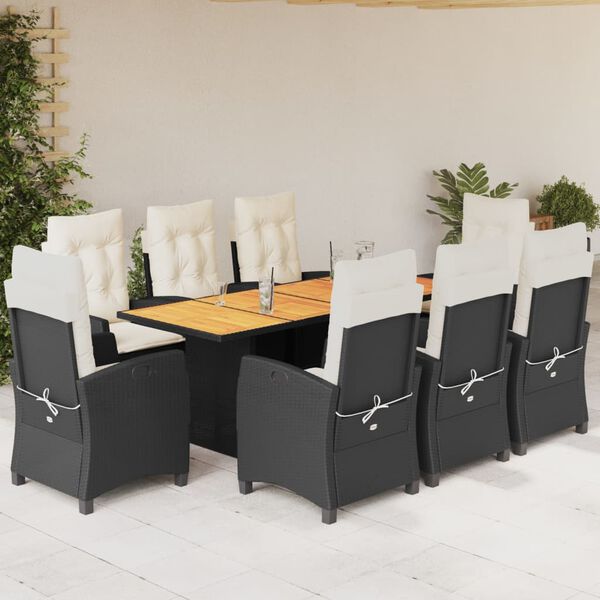 vidaXL Set de comedor de jard&iacute;n 9 pzas y cojines rat&aacute;n sint&eacute;tico negro
