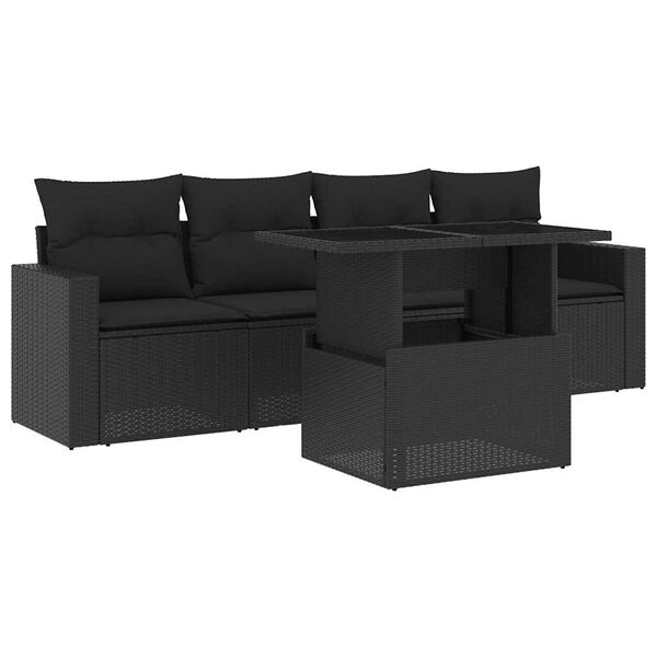 vidaXL Set de muebles de jard&iacute;n 5 pzas y cojines rat&aacute;n sint&eacute;tico negro