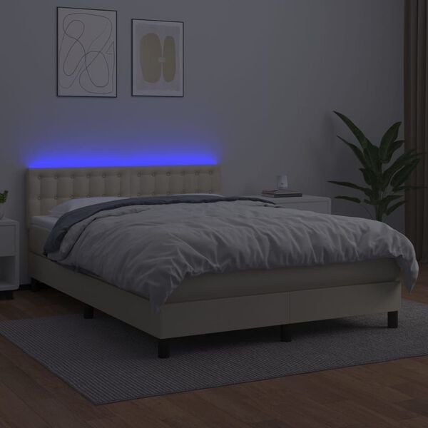 vidaXL Cama box spring colch&oacute;n y LED cuero sint&eacute;tico crema 140x190 cm
