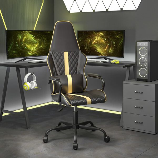 vidaXL Silla gaming cuero sint&eacute;tico negro y dorado