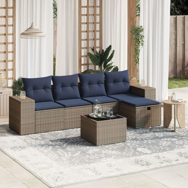 vidaXL Set de muebles de jard&iacute;n 6 pzas y cojines rat&aacute;n sint&eacute;tico gris