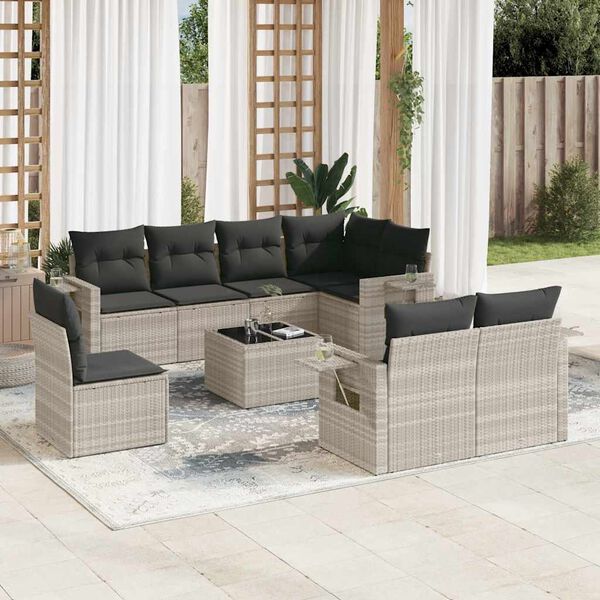 vidaXL Set muebles jard&iacute;n 9 pzas y cojines rat&aacute;n sint&eacute;tico gris claro