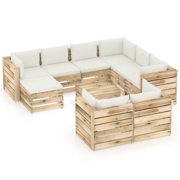 vidaXL Muebles de jard&iacute;n 10 pzas con cojines madera impregnada verde