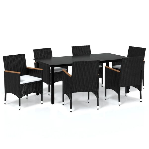 vidaXL Set de comedor de jard&iacute;n 7 pzas y cojines rat&aacute;n sint&eacute;tico negro