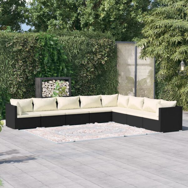 vidaXL Set de muebles de jard&iacute;n 8 pzas y cojines rat&aacute;n sint&eacute;tico negro