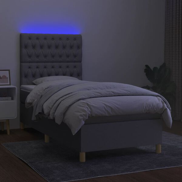 vidaXL Cama box spring colch&oacute;n y luces LED tela gris claro 90x190 cm