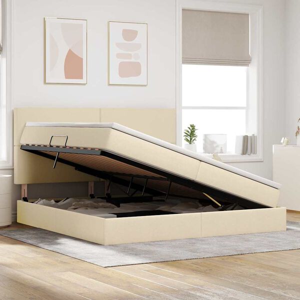 vidaXL Cama con almacenamiento y LED Crema 200 x 200 cm Poli&eacute;ster