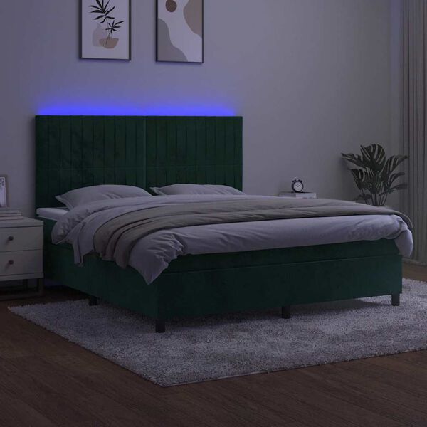 vidaXL Cama box spring colch&oacute;n y LED terciopelo verde oscuro 160x200cm