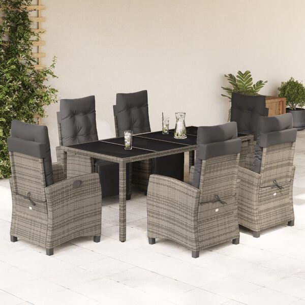 vidaXL Set comedor jard&iacute;n 7 pzas y cojines rat&aacute;n sint&eacute;tico gris