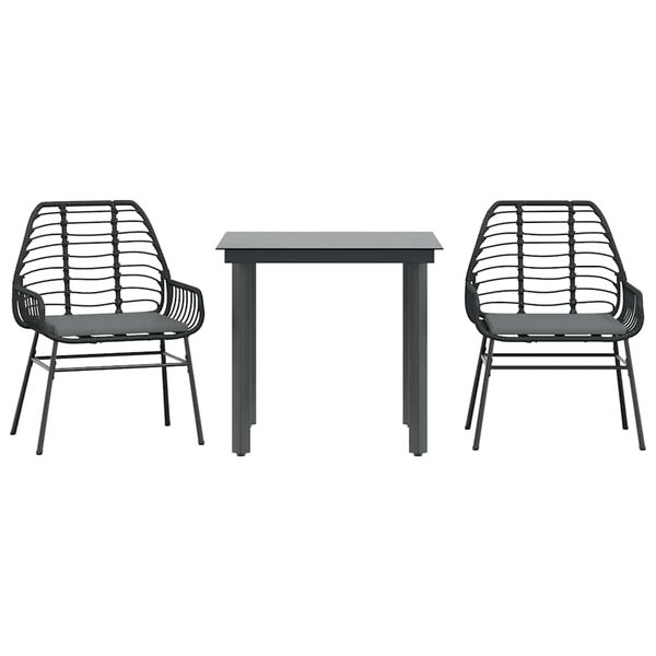 vidaXL Set comedor jardín 3 pzas cojines ratán sintético vidrio negro