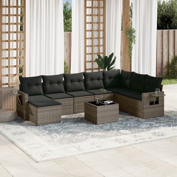 vidaXL Set de muebles de jard&iacute;n 9 pzas y cojines rat&aacute;n sint&eacute;tico gris
